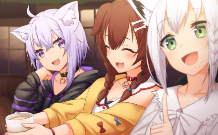 Anime wallpaper featuring virtual YouTubers Shirakami Fubuki, Nekomata Okayu, and Inugami Korone from Hololive, with purple, brown, and white hair respectively, adorned with animal ears and vibrant eyes.