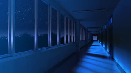 Anime-style HD desktop wallpaper depicting a long corridor at night bathed in blue light, with windows showcasing a clear starry sky.