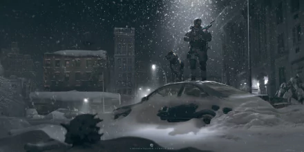 A winter scene captures soldiers standing atop a snow-covered car during a night snowfall, blending military elements with an artistic portrayal of a serene, snowy landscape.