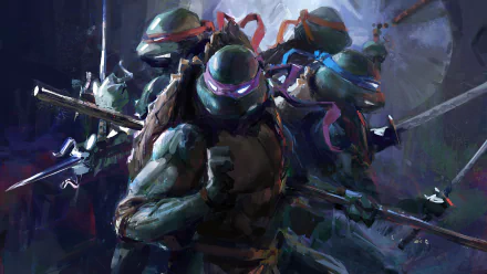 4K Ultra HD comic-style desktop wallpaper of Teenage Mutant Ninja Turtles — Leonardo, Donatello, Michelangelo, Raphael — battle-ready in dark, painterly lighting.