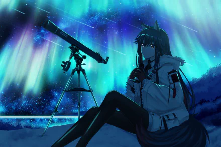 HD PC desktop wallpaper featuring Texas from Arknights with animal ears, sitting under a vibrant aurora borealis night sky beside a telescope.