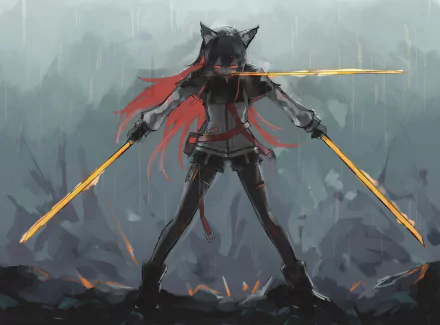 2K Quad HD PC wallpaper of Texas (Arknights): red-eyed, animal-eared warrior with flowing red hair, standing in rain wielding glowing swords — dark video game background.
