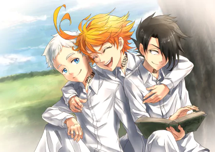 HD PC desktop wallpaper featuring Ray, Norman, and Emma from the anime The Promised Neverland, smiling together outdoors with a bright sky background.