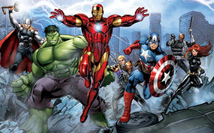 HD PC desktop wallpaper featuring Marvel's Avengers Assemble characters including Iron Man, Captain America, Thor, Hulk, Black Widow, Hawkeye, and Nick Fury in dynamic action poses.