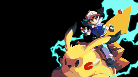 Anime Pokémon 8K Ultra HD PC wallpaper: Ash Ketchum riding a lightning-charged Pikachu, clutching a Poké Ball against a bold black and cyan electric backdrop.