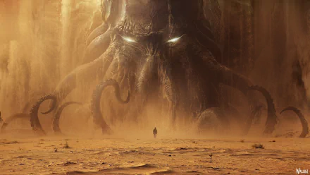 HD fantasy desktop wallpaper depicting a colossal, shadowy Cthulhu monster with glowing eyes towering over a lone figure in a desolate, dusty landscape.