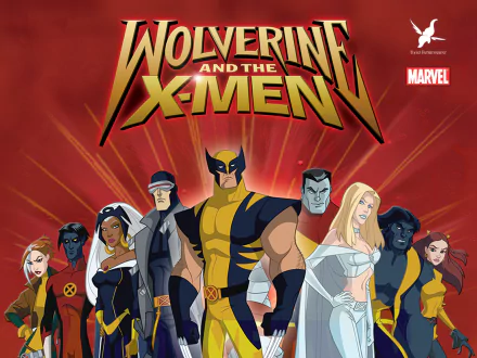 HD desktop wallpaper featuring the Wolverine and the X-Men logo with key Marvel characters including Wolverine, Rogue, Storm, Beast, Colossus, Kitty Pryde, Cyclops, Nightcrawler, and Emma Frost.