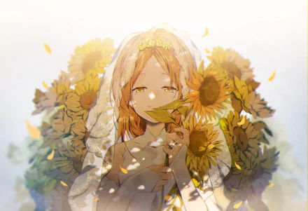 Anime-style HD PC desktop wallpaper featuring a girl with a veil surrounded by vibrant sunflowers in a soft, warm light.