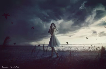 lake night sky woman model HD Desktop Wallpaper | Background Image