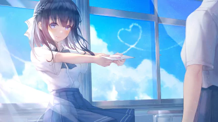 Anime original 4K Ultra HD PC desktop wallpaper: schoolgirl by a sunlit classroom window hands a paper-airplane heart toward a classmate, blue sky and a heart-shaped cloud outside.