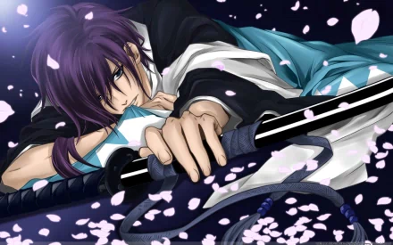HD anime desktop wallpaper featuring a character from Hakuouki Shinsengumi Kitan holding a katana amid falling cherry blossoms.