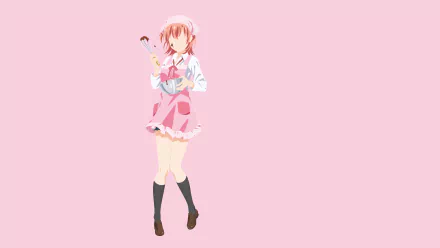 Minimalist 8K PC desktop anime wallpaper of Yui Yuigahama from My Teen Romantic Comedy SNAFU: pink-themed portrait of her in a school outfit holding a small flower on a soft pink background.
