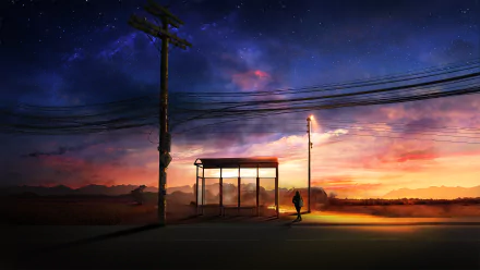 HD anime wallpaper of a serene sunset scene with a bus stop. A solitary figure stands illuminated by a streetlamp, capturing the tranquil beauty of dusk against a vast sky.