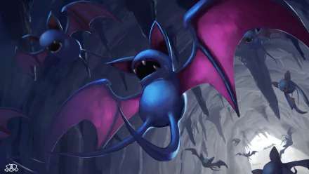 HD PC desktop wallpaper featuring Zubat from the Pokémon anime, showing multiple Zubat flying inside a dark cave with vibrant purple wings.