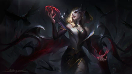 Morgana (League of Legends) in dark armor with shadowy wings, conjuring red-purple energy in her hands — HD PC desktop wallpaper/background from the video game League of Legends.