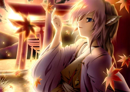 HD anime desktop wallpaper featuring Mystia Lorelei from Touhou, surrounded by glowing autumn leaves and traditional Japanese torii gates in a warm, mystical setting.