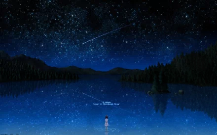 Bai from Darker Than Black stands by a calm lake under a starry anime night sky, reflecting vibrant blue hues in this HD PC desktop wallpaper.