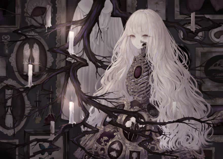 HD anime original wallpaper featuring a pale, ethereal figure with long white hair and skeletal details, surrounded by dark twisted branches and glowing candles.