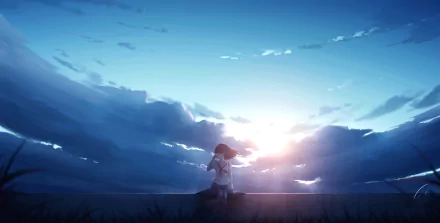 Anime-style 4K Ultra HD desktop wallpaper featuring a serene sky with clouds and a character sitting, bathed in soft sunlight.