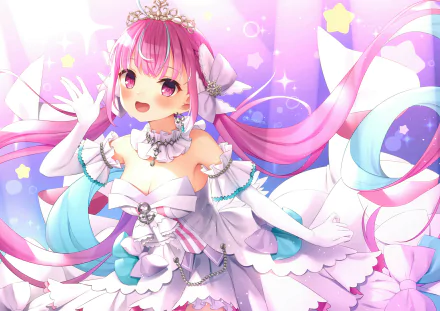 Anime-style HD desktop wallpaper featuring Minato Aqua from Hololive with long pink hair, pink eyes, and a detailed white and blue outfit against a sparkling pastel background.