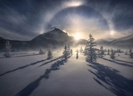 A snowy mountain landscape with tall trees casting long shadows, illuminated by a bright sun halo (sundog) in a winter nature scene, HD desktop wallpaper.