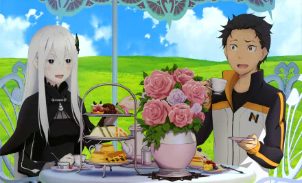 HD desktop wallpaper of Subaru Natsuki and Echidna from Re:Zero - Starting Life in Another World, enjoying tea at an elegantly set table with a lush green field in the background.