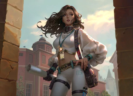 A fantasy-themed HD desktop wallpaper featuring a confident brown-haired woman in detailed attire, set against a historic cityscape at sunset.