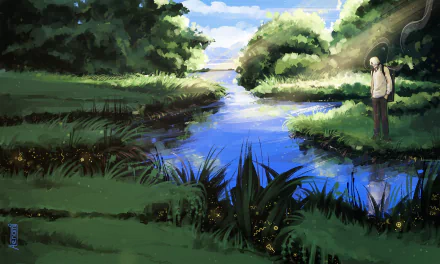 HD PC wallpaper featuring Ginko from the anime Mushishi, standing beside a serene river surrounded by lush greenery under a bright blue sky.