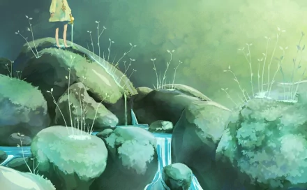 Artistic HD PC desktop wallpaper depicting serene water flowing over moss-covered rocks with delicate plants, bathed in soft, greenish light.