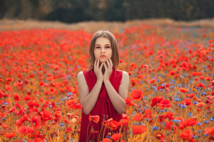 summer brunette red dress red flower poppy depth of field woman model HD Desktop Wallpaper | Background Image