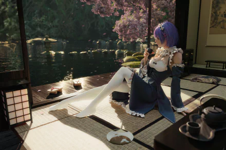 HD PC desktop wallpaper featuring Rem from Re:ZERO, sitting gracefully in a traditional Japanese room with a serene garden and pond in the background.