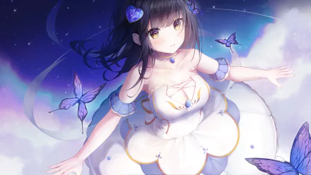 Anime original 5K Ultra HD PC desktop wallpaper and background: ethereal dark-haired girl in a white frilled dress surrounded by glowing blue butterflies against a starry violet sky.