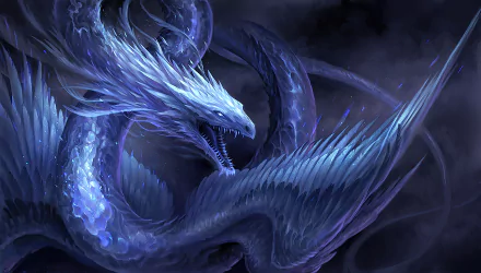 A majestic blue dragon with glowing scales twists through a dark, smoky fantasy landscape in this detailed 4K Ultra HD PC desktop wallpaper.