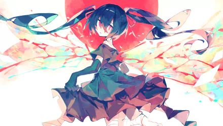 HD PC desktop wallpaper of Vocaloid Hatsune Miku in twintails and a flowing dress, anime-style, posed before a red heart with colorful ribbon-like wings.