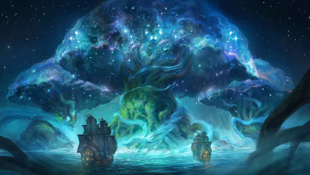 Fantasy-themed HD PC desktop wallpaper featuring giant glowing trees resembling cosmic nebulae, with sailing ships navigating beneath their luminous branches.