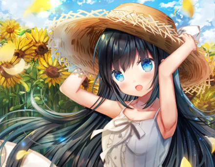 Anime original 2K Quad HD PC wallpaper: black-haired girl with blue eyes in a straw hat among sunflowers beneath a bright summer sky.