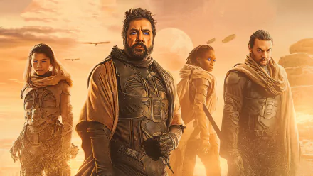 4K Ultra HD wallpaper featuring Sharon Duncan-Brewster, Jason Momoa, Javier Bardem, and Zendaya from the 2021 movie Dune, set against a desert landscape at sunset.