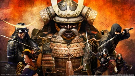 HD PC desktop wallpaper featuring fierce samurai warriors from the video game Total War: Shogun 2 against a fiery orange background.