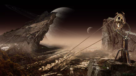 HD PC desktop wallpaper: sci‑fi mountain landscape with clouds, distant moons and a looming planet, rocky ruins and a rusted mechanical tower.