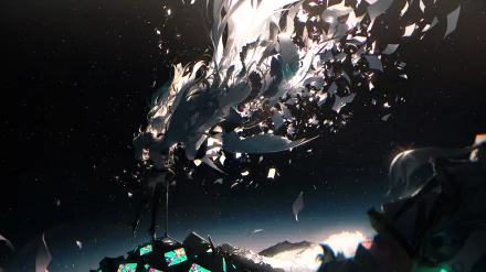 HD PC desktop wallpaper featuring Hatsune Miku from Vocaloid in a dynamic, fragmented anime-style composition against a dark, abstract background.