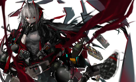 HD desktop wallpaper of W from Arknights with striking red eyes and white hair, featuring dynamic dark and red accents in a bold video game style.