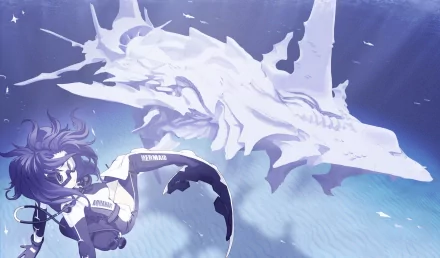 HD fantasy PC desktop wallpaper: a purple-haired mermaid swims beside a translucent skeletal whale-like sea spirit beneath sunlit blue waters.