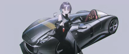 2K Quad HD PC desktop wallpaper: original anime car scene — a sleek black sports car with an anime girl in a black dress holding a red key fob against a muted gray background.