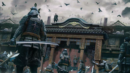 A dramatic fantasy scene featuring Japanese warriors in battle, armed with katanas and arrows. Birds fly overhead, evoking a stormy atmosphere. The HD wallpaper depicts intense samurai combat in front of a traditional building.