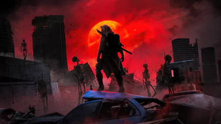 4K Ultra HD post-apocalyptic sci-fi wallpaper featuring a silhouetted skeleton warrior standing atop wreckage against a blood-red sun and ruined cityscape.