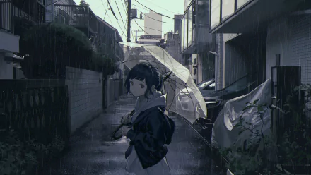 Anime girl holding a transparent umbrella walking through a rain-soaked urban alleyway, depicted in high-definition, capturing a moody rain atmosphere in an HD PC desktop wallpaper.