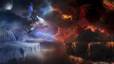 HD fantasy desktop wallpaper featuring two dragons, one icy blue and one fiery red, battling in a dramatic sky above contrasting icy and volcanic landscapes.