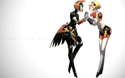 HD PC desktop wallpaper featuring Aigis from the video game Persona 3, showcasing two stylized versions of the character against a white background.