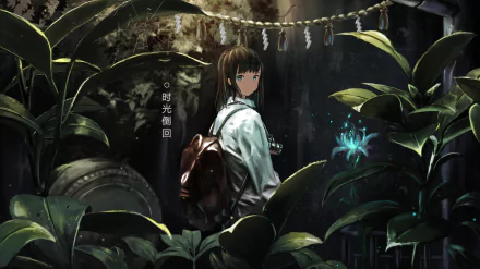 Anime original 2K Quad HD PC desktop wallpaper: a lone schoolgirl with a backpack in an overgrown, moonlit shrine, gazing at a glowing blue flower amid dense tropical foliage.