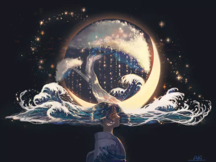 Anime-style 4K Ultra HD desktop wallpaper featuring an original artwork of a crescent moon blending into ocean waves with a dreamy, starry night sky background.